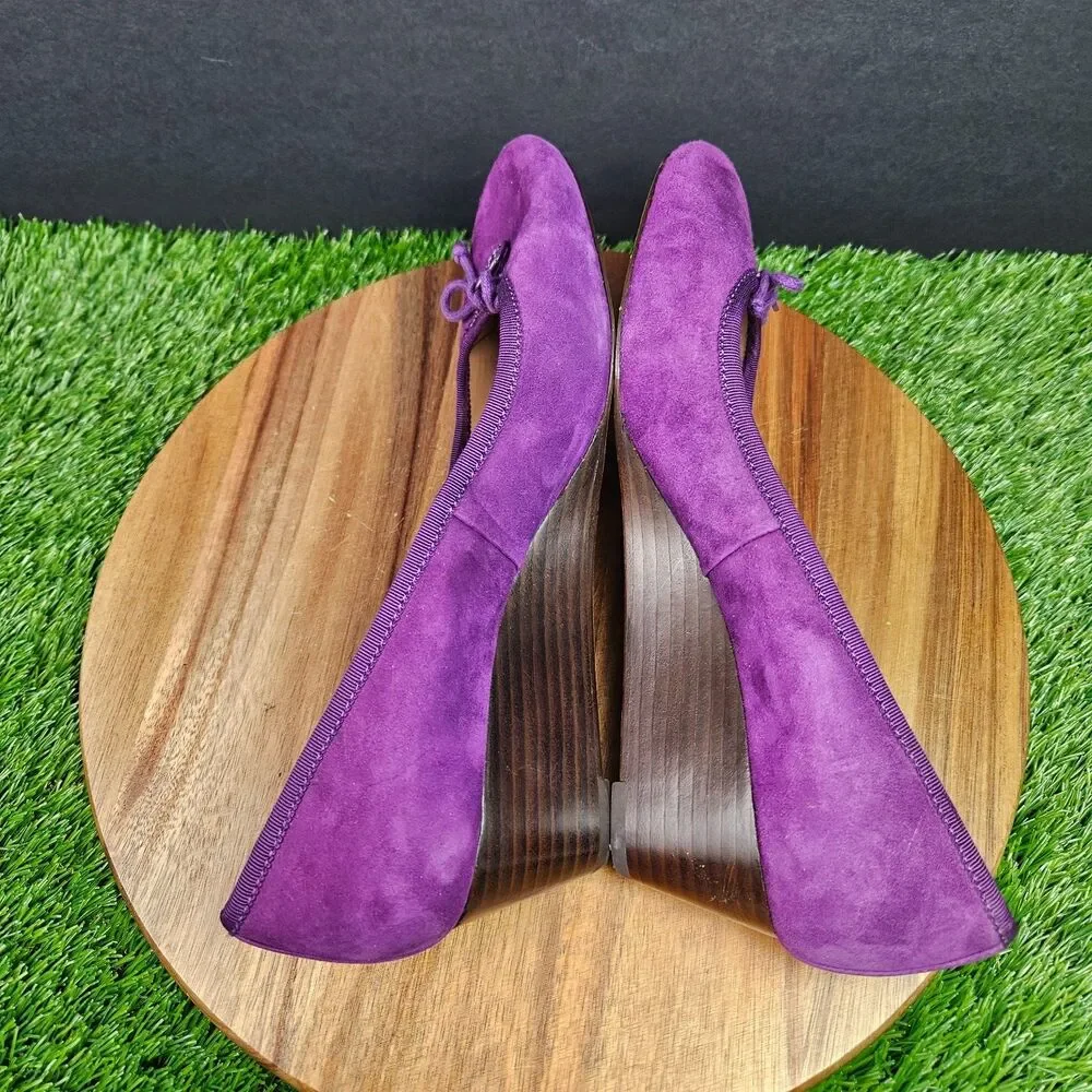 Tory Burch Purple Leather Suede Chelsea Wedge Heels Bow Logo Round Toe 10 M